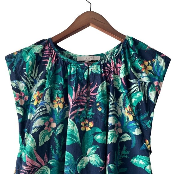 Loft Tropical Print Cap Sleeve Blouse Cotton Size M Green And Blue - Picture 3 of 7